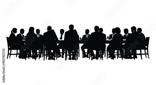A long row of figures seated around a table depicted in a stark black silhouette high quality professional