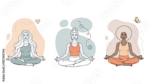 Diverse group of three women of different ethnicities practicing meditation in lotus pose promotes mindfulness, mental health, and wellness.