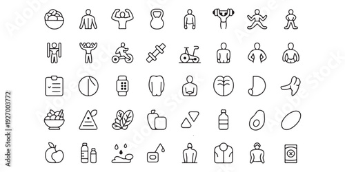 Active lifestyle and exercise icons including gym equipment indoor cycling and balanced nutrition guide