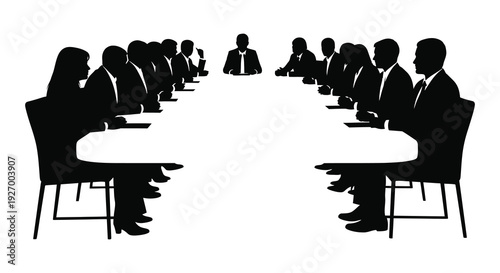 A group of professionals sit around a conference table in a stark black silhouette high quality professional detailed