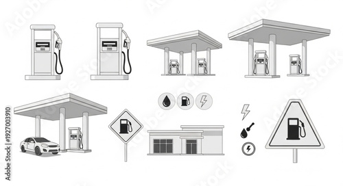 Gas station elements and signs, fuel pumps, canopy, and road signs in grayscale.
