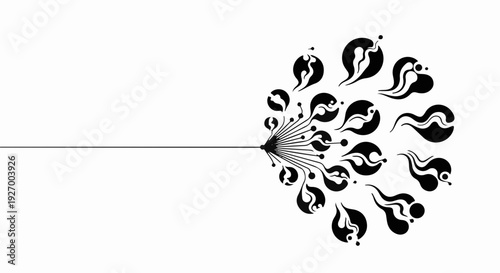 Abstract artistic pattern of black organic shapes radiating from a central point on a white background.