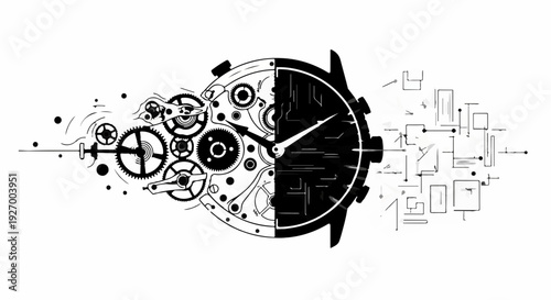 Intricate watch mechanism dissolving into abstract digital elements, symbolizing time and technology.
