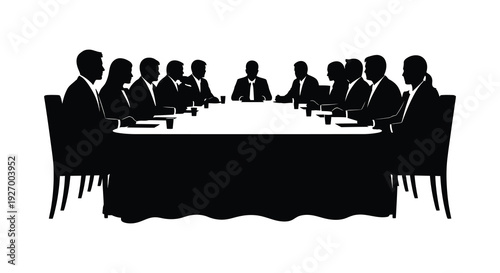 A group of individuals are seated around a large conference table in a stark silhouette high quality professional