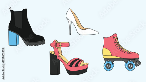 Diverse collection of women footwear including black boots, white high heels, pink sandals, and red roller skates represents active lifestyles.