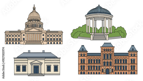 Set of four diverse architectural illustrations featuring various historical government buildings and classical structures for design projects.