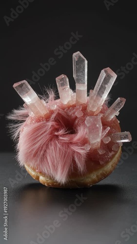 Pink fur and crystal donut art piece on a dark background studio setting.