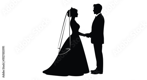 A newlywed couple stands closely holding hands elegantly dressed for their wedding day silhouette high quality professional detailed