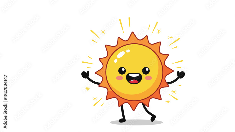 Obraz premium Cute sun character with a big smile and shining yellow rays spreads happiness and warmth in a simple and cheerful cartoon illustration style.