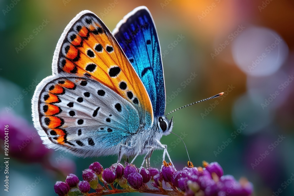 Obraz premium Vivid butterfly perched on vibrant flower in a garden during late afternoon light