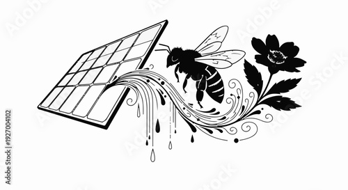 Bee collecting energy from solar panel, symbolizing natural power and renewable resources.