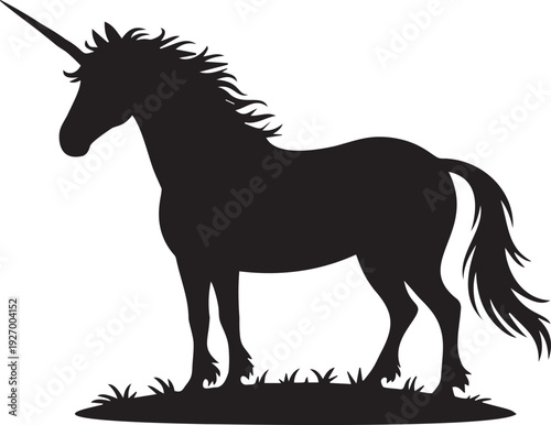 Mystical unicorn silhouette standing on grass field fantasy creature
