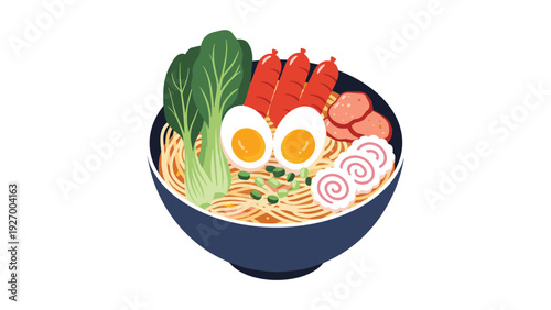 Delicious bowl of ramen noodles topped with boiled eggs, sausages, narutomaki, and green vegetables presented in a colorful flat style.