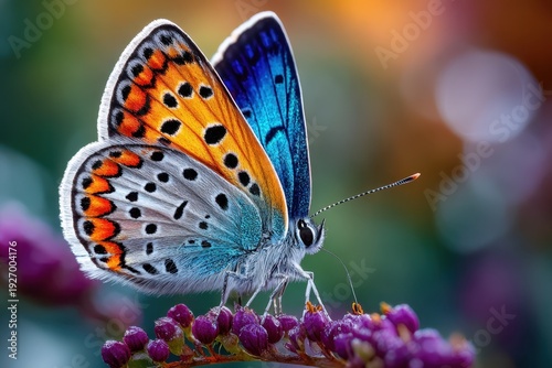 Vivid butterfly perched on vibrant flower in a garden during late afternoon light