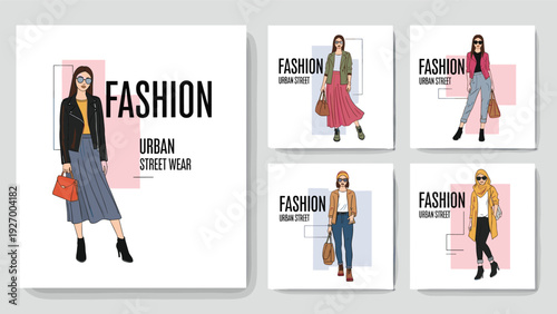 Professional fashion design template featuring several illustrations of women in trendy urban street wear outfits with modern styling.