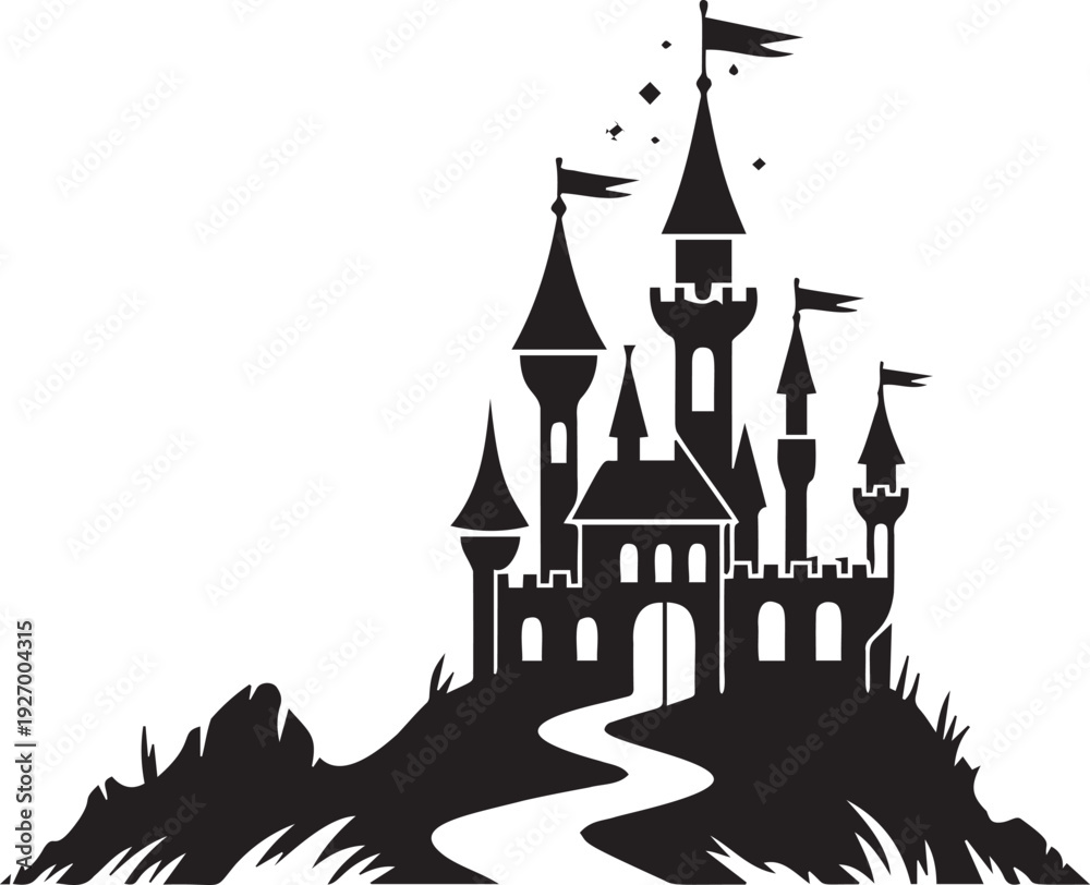 Obraz premium Magical fairytale castle on a hill silhouette vector illustration for kids