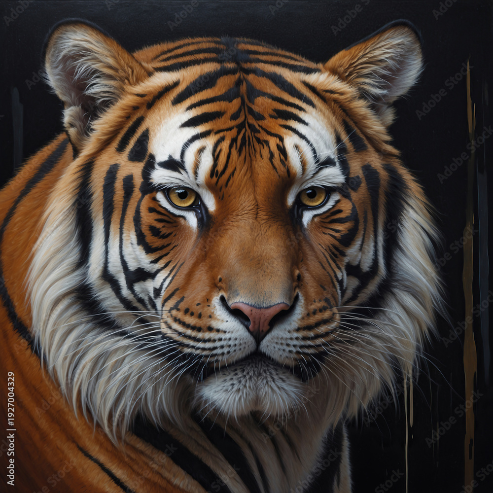 Obraz premium Elegant fine art painting of a majestic tiger portrait featuring dramatic lighting and a powerful, intense gaze