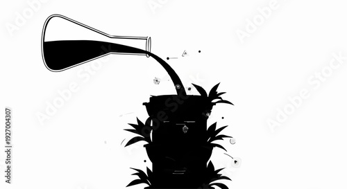 Liquid poured from laboratory flask into plant pot creating dark abstract growth
