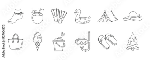 Beach and camping summer line icon set.  Editable stroke. Vector illustration.