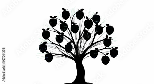 Silhouette of a stylized tree filled with ripe apples, symbolizing growth and abundance.