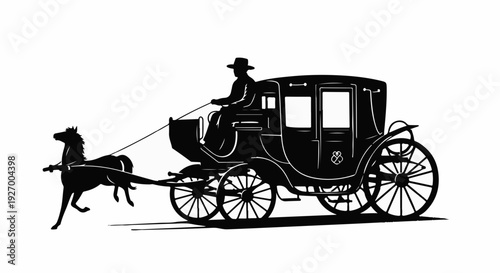 Silhouette of a horse-drawn carriage with a driver in motion