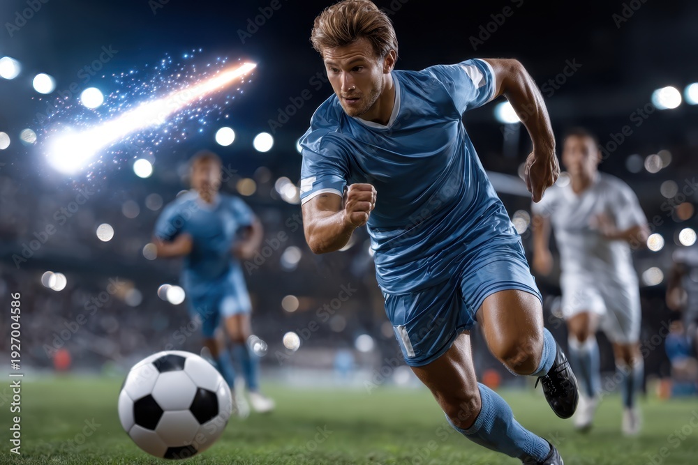 Naklejka premium Soccer player running with ball on field at night
