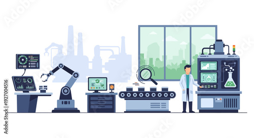 Industry 4.0 Smart Manufacturing: Scientist Overseeing Robotic Automation and Quality Control in Modern Production Lab