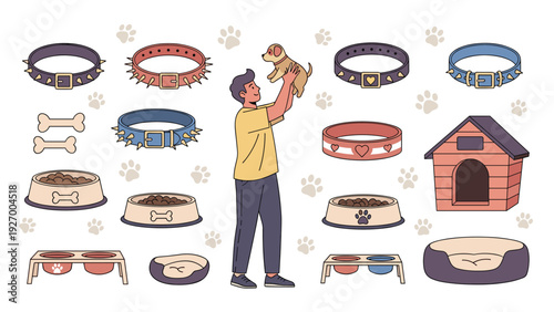 Heartwarming scene of a man holding a small puppy surrounded by various pet accessories such as collars, bowls, beds, and a dog house.