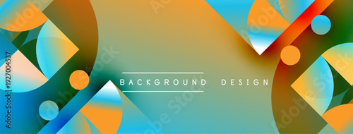 Abstract geometric shapes blend vibrant colors. Gradient background creates dynamic visual effect. Modern design suitable for banners, presentations.