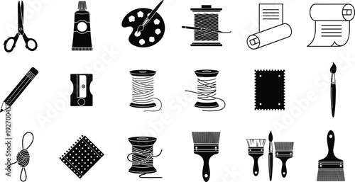 Sewing and Art Supplies Icon Set Featuring Scissors, Thread, Paint Brush, Palette and Fabric Tools for Craft and Design