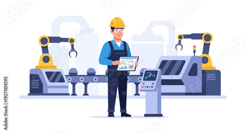 Industrial Engineer Supervising Smart Factory Automation with Robotic Arms and Control Panel using Digital Tablet