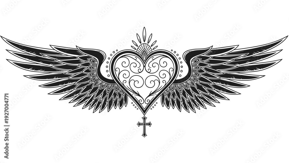Obraz premium Elaborate heart tattoo design with majestic spread wings and religious cross symbol in black and white gothic tribal style.