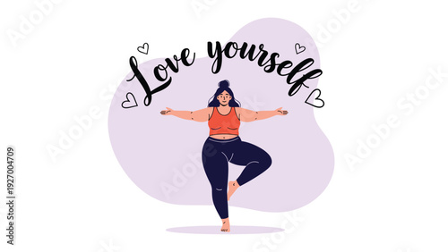 Empowering illustration of a plus-size woman practicing a yoga tree pose with the text love yourself over an abstract purple shape.
