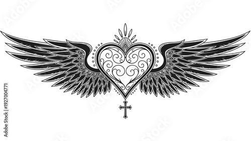 Elaborate heart tattoo design with majestic spread wings and religious cross symbol in black and white gothic tribal style.