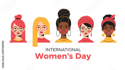 International women's day banner featuring five diverse female avatars with different hairstyles and skin tones on white.
