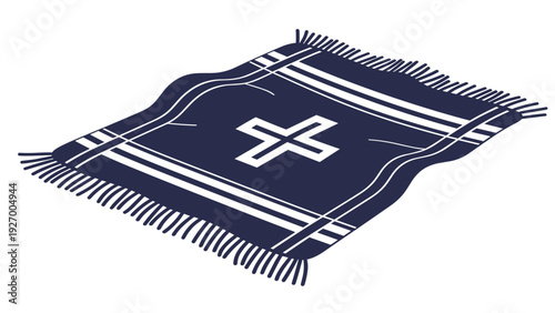Navy blue picnic blanket or prayer rug with white stripe pattern and cross symbol for outdoor leisure or religious use.