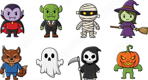 Cute halloween monster characters set vampire witch mummy ghost pumpkin werewolf cartoon illustration spooky kawaii vector design isolated collection