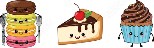 Cute kawaii dessert characters macarons cheesecake slice and cupcake cartoon illustration sweet food vector design isolated fun concept