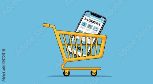Online shopping concept represented by a smartphone displaying an e-commerce website inside a shopping cart