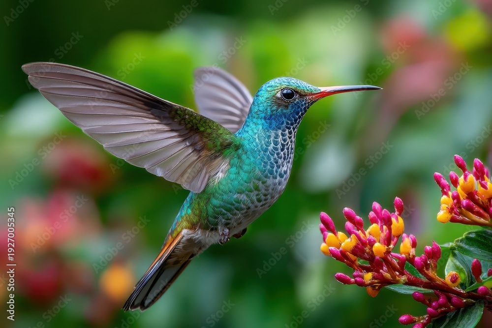 Fototapeta premium A Vibrant Hummingbird Hovers Near Colorful Tropical Flowers in Lush Greenery