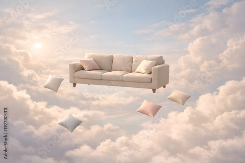 Dreamy comfortable sofa floating amongst fluffy clouds in a surreal and whimsical sky, evoking a sense of peace and imagination