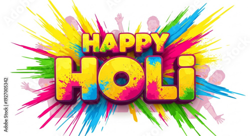 Vibrant happy holi festival celebration background with colorful paint splashes and silhouettes