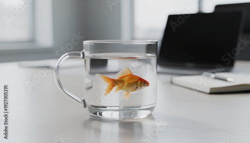 A whimsical goldfish swims in a clear glass mug on a desk, a surreal scene hinting at the unexpected in everyday life