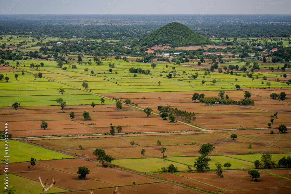 Obraz premium Patchwork rice fields and small hill near Phnom Kulen