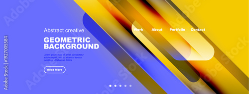 Modern website header design. Vibrant blue, yellow gradients. Geometric shapes, text elements present. Clean, professional aesthetic.