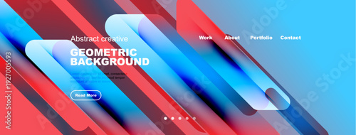 Vibrant geometric background features overlapping shapes, text elements, navigation menu. Modern design suitable website header.