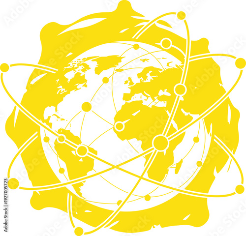 Vibrant yellow atomic globe illustration with white background