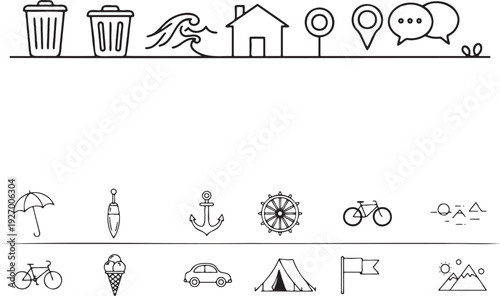 Collection of hand drawn doodle icons representing various concepts and objects including communication travel leisure and everyday items presented in a simple black and white line art style