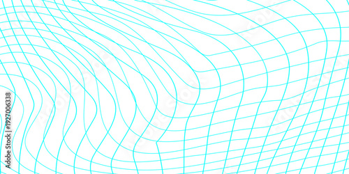 Abstract cyan blue wavy grid line texture background, distorted wireframe mesh pattern on white background, modern digital topography and tech texture.