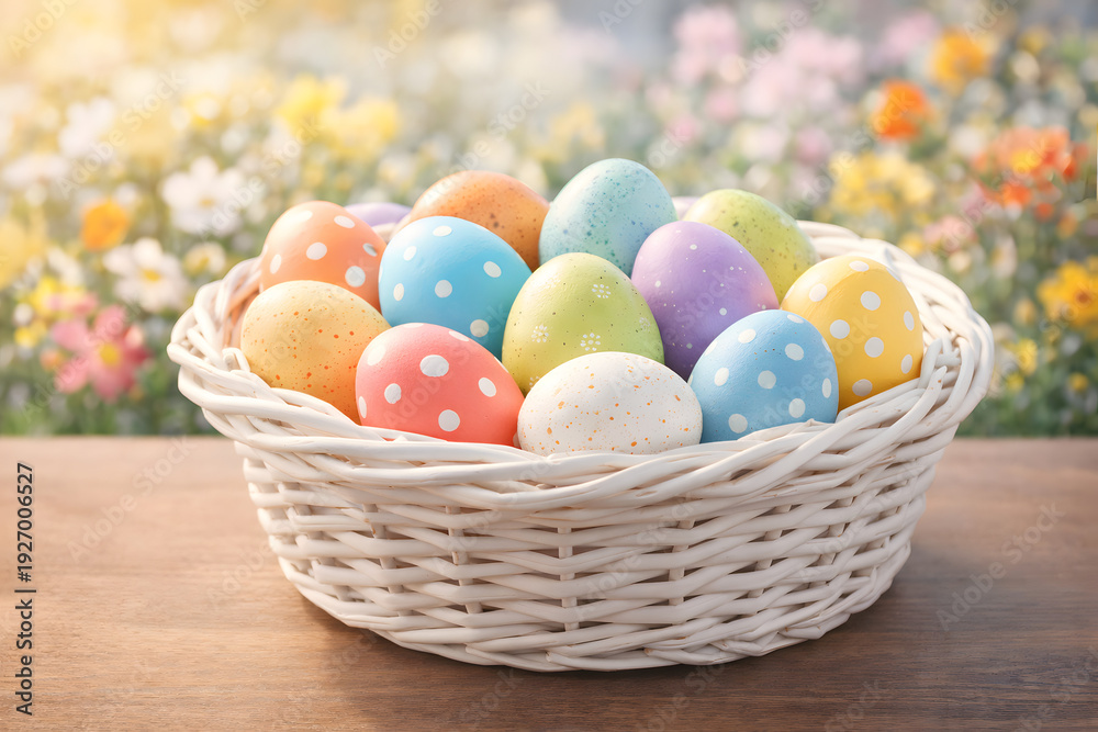 Fototapeta premium A white wicker basket filled with colorful Easter eggs sits on a wooden table in front of a blurred background of flowers in shades of pink, yellow, orange, and white. The eggs are blue, green, yellow